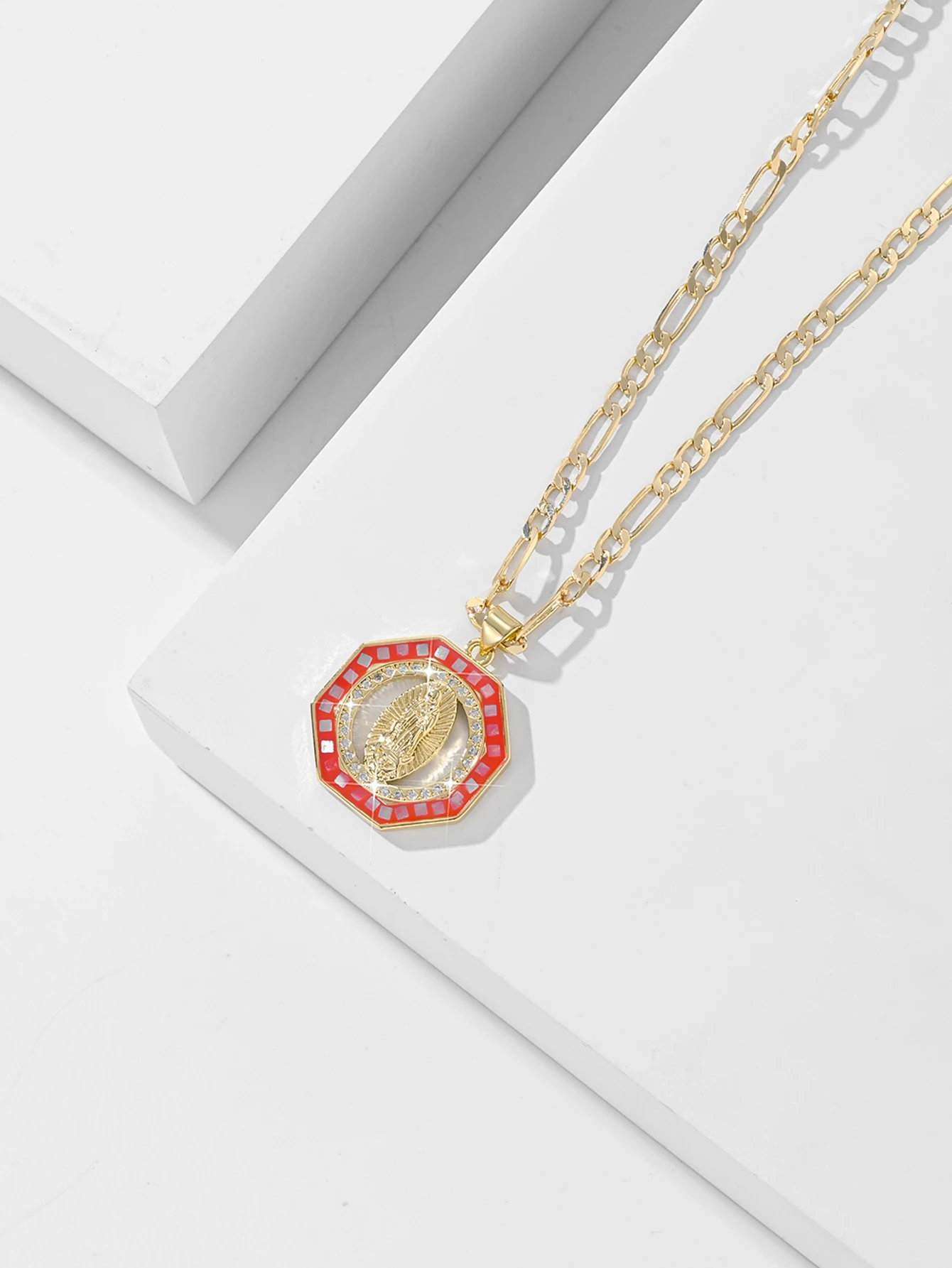 virgin mary religious pendant necklace octagon gift for catholic woman miraculous medal saint our lady of guadalupe chain