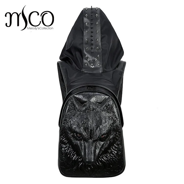 

2022 Fashion Personality Wolf Embossing knife leather backpack rivets backpack with Hood cap apparel bag cross bags hiphop man