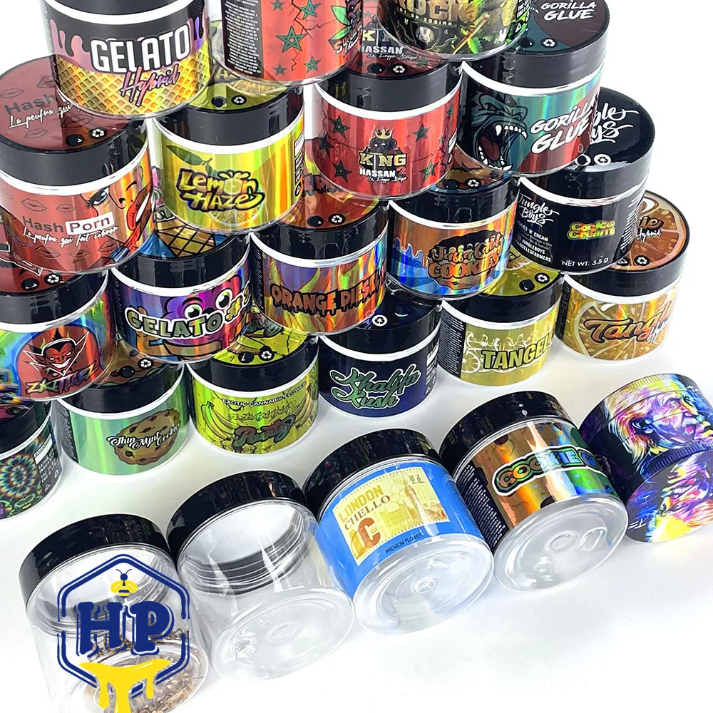 

50ml Plastic Jar Hologramic Labels Smellproof Stash Bottel Storage Portable Stand Round Container Clear Tank Sticker Set Custom