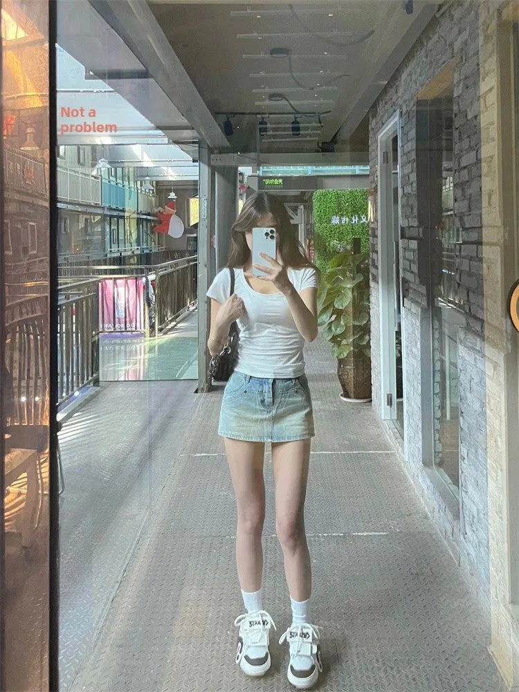 Jupe trapèze taille haute pour femmes, jupe en jean, moulante, coréenne, pour les déplacements, couleur Pure, grande taille