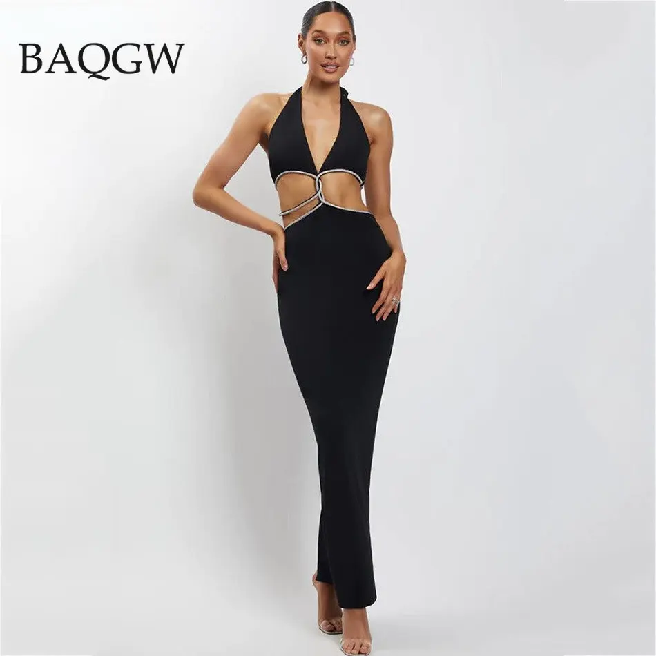 

Sexy Halter Hollow Out Diamond Bodycon Bandage Dress Elegant V-Neck Backless Long Bandage Dress Women Celebrity Party Club Dress