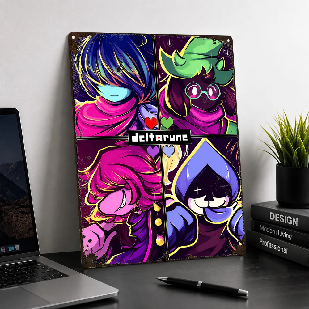 Deltarune Four Panel Characters Textured Metal Poster Neon Wall Art For Bedroom Personalized Aluminum Sign Video Game Fan Gift
