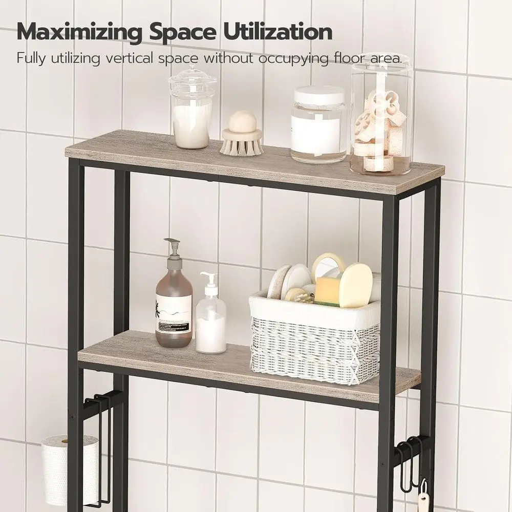 منظم تخزين فوق المرحاض بطبقتين مع حامل ورق وخطافات، موفر للمساحة، رمادي وأسود