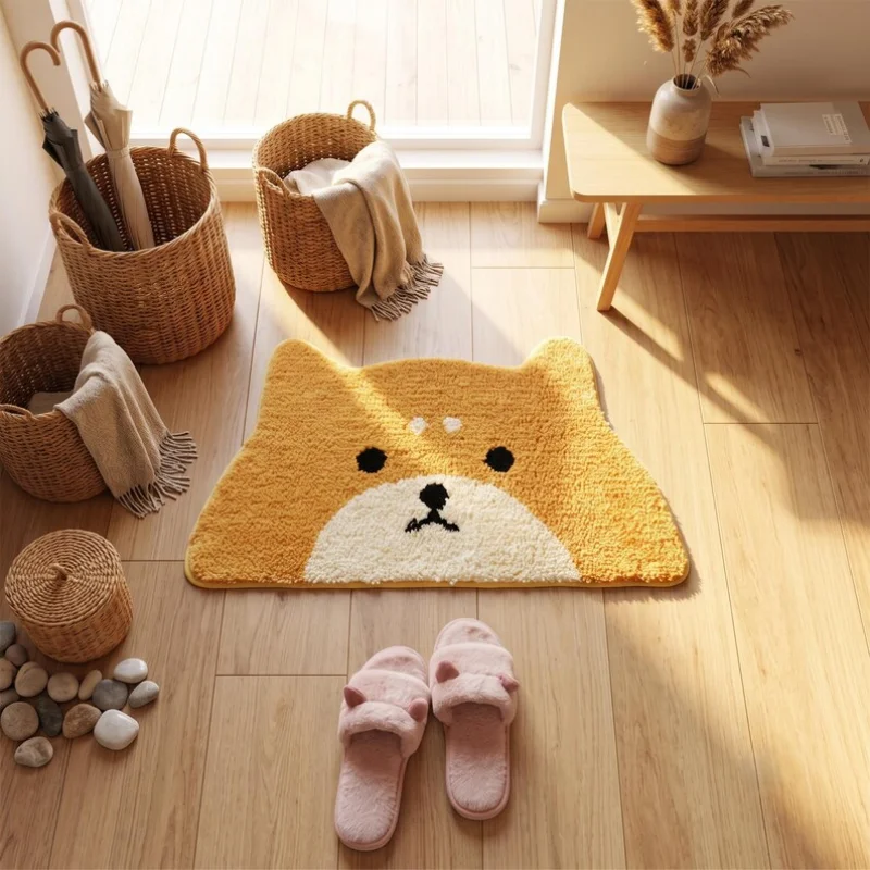 VIKAMA Kawaii Cartoon Shiba Inu Bath Mat Soft Plush Non Slip Water Absorbent Doormat Cute Animal Rug Home Decoration