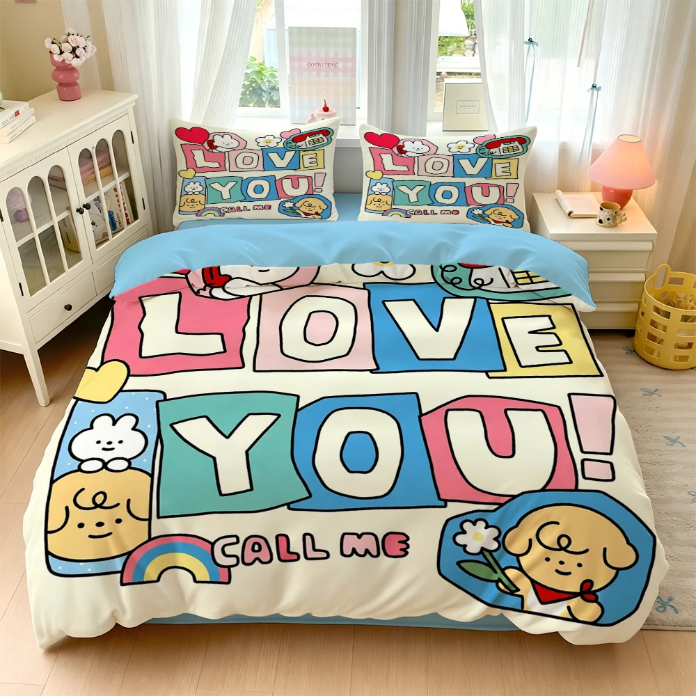 3/4Pc Digital Print Ultra-Soft Home Bedding Set Four-Piece Combination Set Cute Cartoon English Letter Pattern Comfortable Breathable Bedding Set Home Bedding Single Duvet Cover Three-Piece Set Dormitory Bedding Four Seasons Use Duvet Cover+Pillowcase+Bed Sheet Does Not Include Pillow Core or Quilt Core