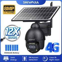 SHIWOJIA-cámara Solar de seguridad para exteriores, videocámara de 8MP, 4K, PTZ, Zoom 12X, 4G, SIM /WIFI, seguimiento humanoide, visión nocturna a Color, Metal