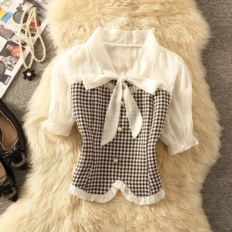

Shirts and Blouses Women's Clothing Sales Summer Stitching Bow Fake Two-piece Shirt Female Shirt Bubble Sleeve Short Paragraph
