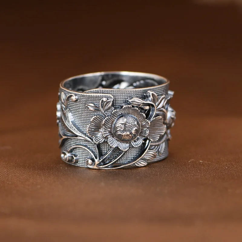 S925 خاتم فضة المرأة الصينية العرقية نمط مفتوح الإغاثة الفاوانيا زهرة الرجعية أربع أوراق العشب خاتم الاصبع