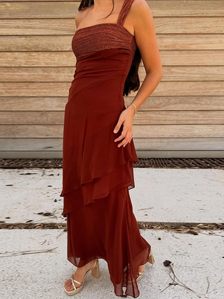Damen Patchwork Trägerloses Maxikleid Ärmellos mit Rüschensaum und Schal Schnürkleider 2026 Sommer Elegantes Abendkleid für Damen – Detail 39