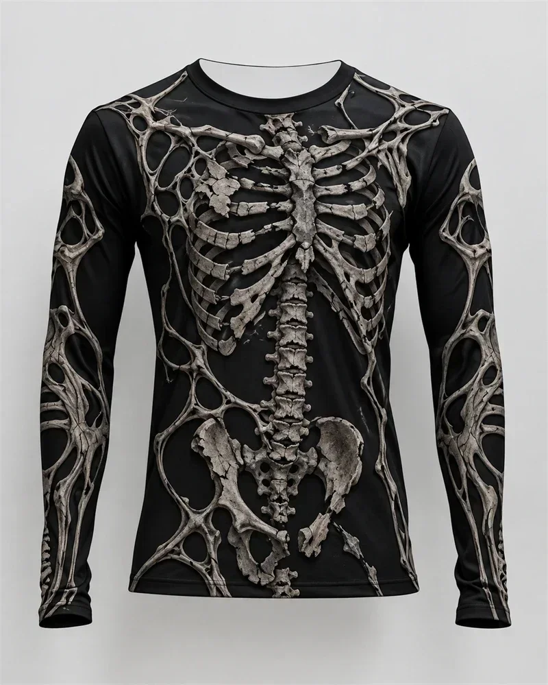 Men's 3D Realistic X-ray Skeleton Bone Graphic Long Sleeve T-Shirt Gothic Halloween Party Cosplay Casual Novelty Streetwear Tops