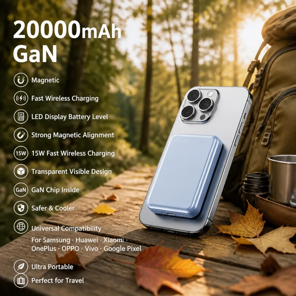 

3C Certification GaN Transparent Magnetic 20000mAh Power Bank, Fast Wireless Portable Battery LED for Samsung Huawei Xiaomi