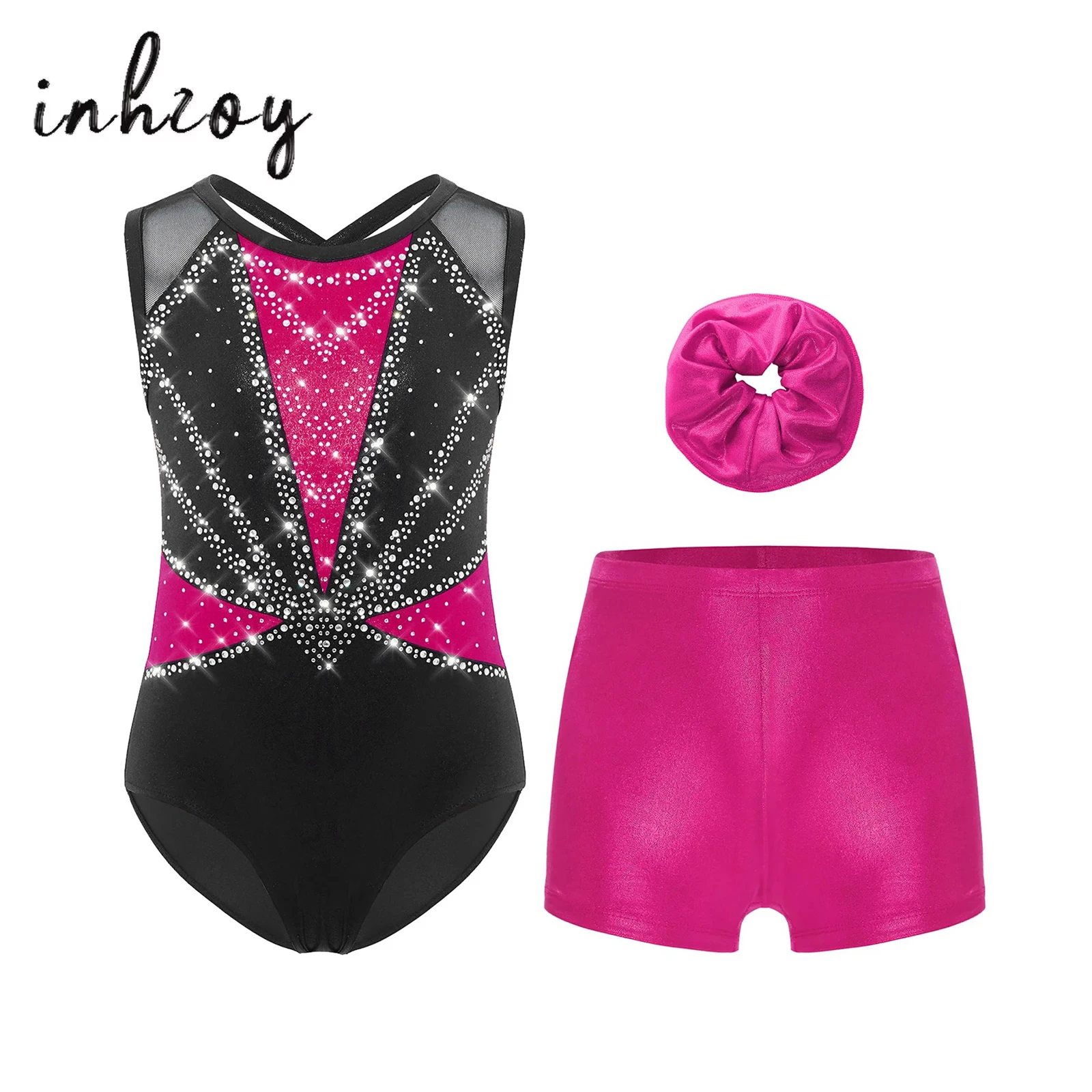 

3Pcs Kids Girls Gymnastics Ballet Dance Costume Sleeveless Shiny Rhinestones Leotard with Shorts And Hairband Ballet Dancewear