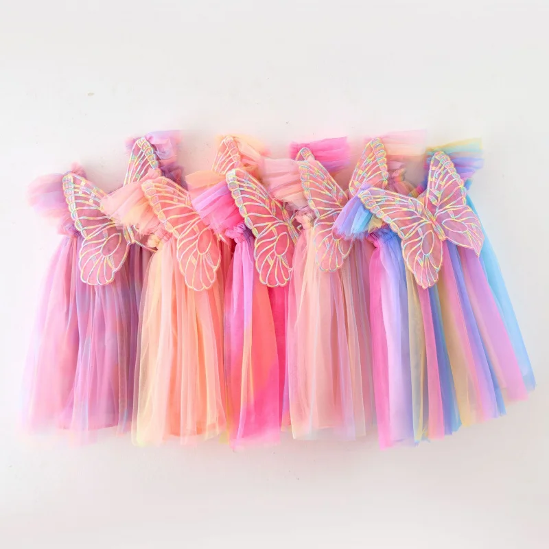 Elegant Children's Rainbow Mesh Dresses Butterfly Wings Princess Dress Girl Flying Sleeve Suspender Baby Puff Dresses