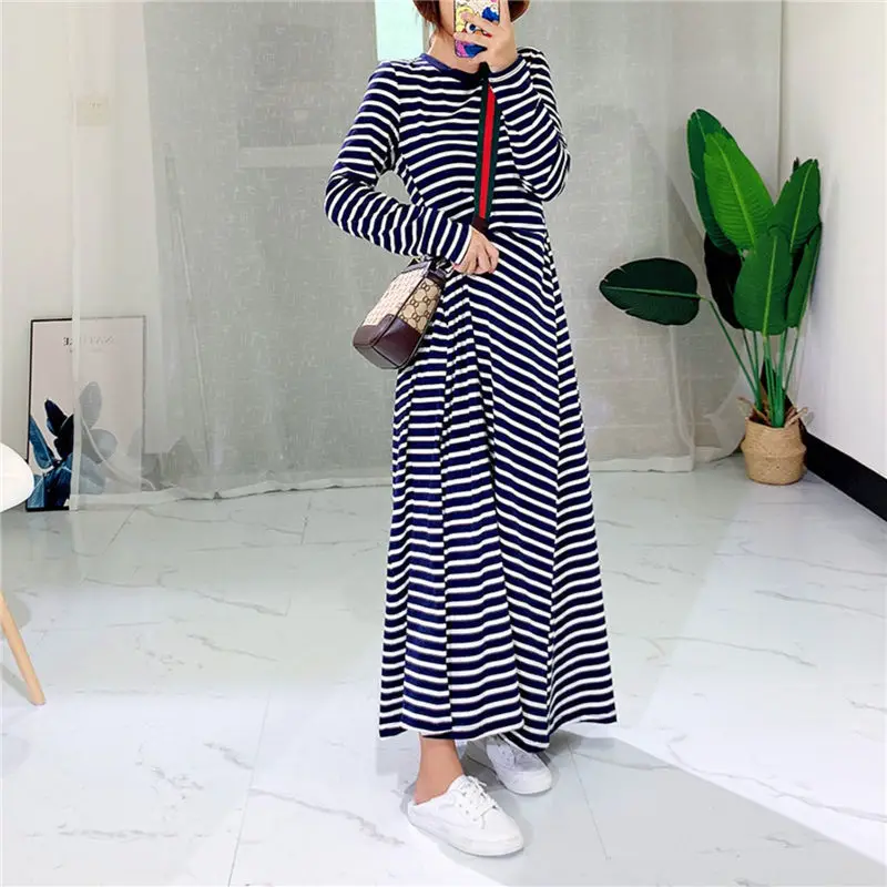 Office Lady Simplicity Printing Striped O-neck Pullovers Long Sleeve Casual Dresses Loose Temperament Autumn Thin Women Clothing