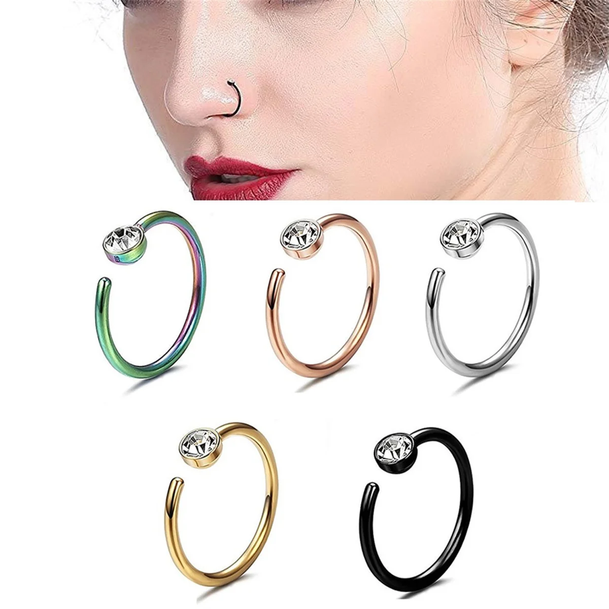 5Pcs 20G 316L Stainless Steel Fake Nose Rings,Various Colors No Piercing Nose Studs Cubic Zerconia Faux Nose Piercing Jewelry