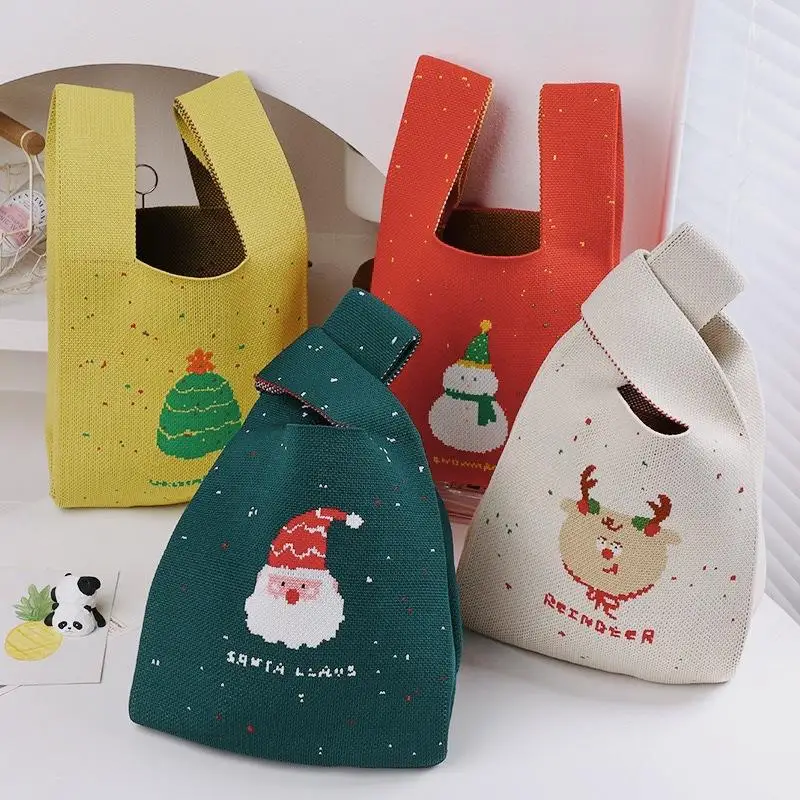 

Christmas Knit Handbags Women Knot Wrist Bag Casual Small Tote Bag Girls Reusable Shopping Bags New Year Xmas Gift Bag