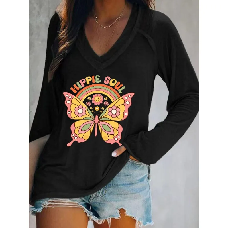 Ilstile Women's Hippie Soul Print T-Shirts Autumn Summer Long Sleeve Casual Loose V Neck Tops Tees New Arrival