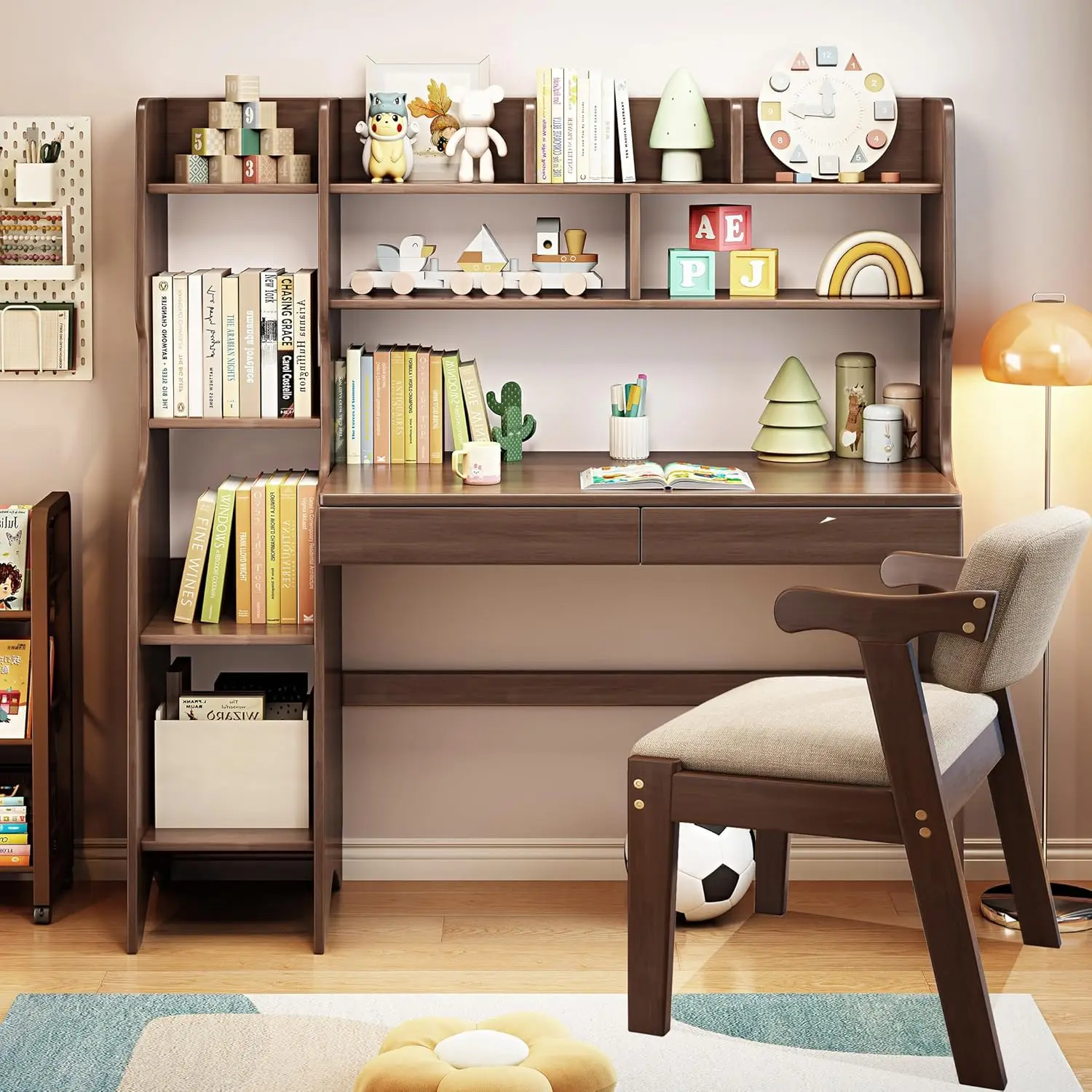 

Table and Chair Set with Drawers and Bookshelf Wooden Kid's Media Desk Student Learning Computer Workstation and Writing Desk