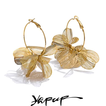 Yhpup 独占デザインステンレス鋼メタルフラワービッグフープイヤリング 2024 人格ファッション防水目を引くジュエリー