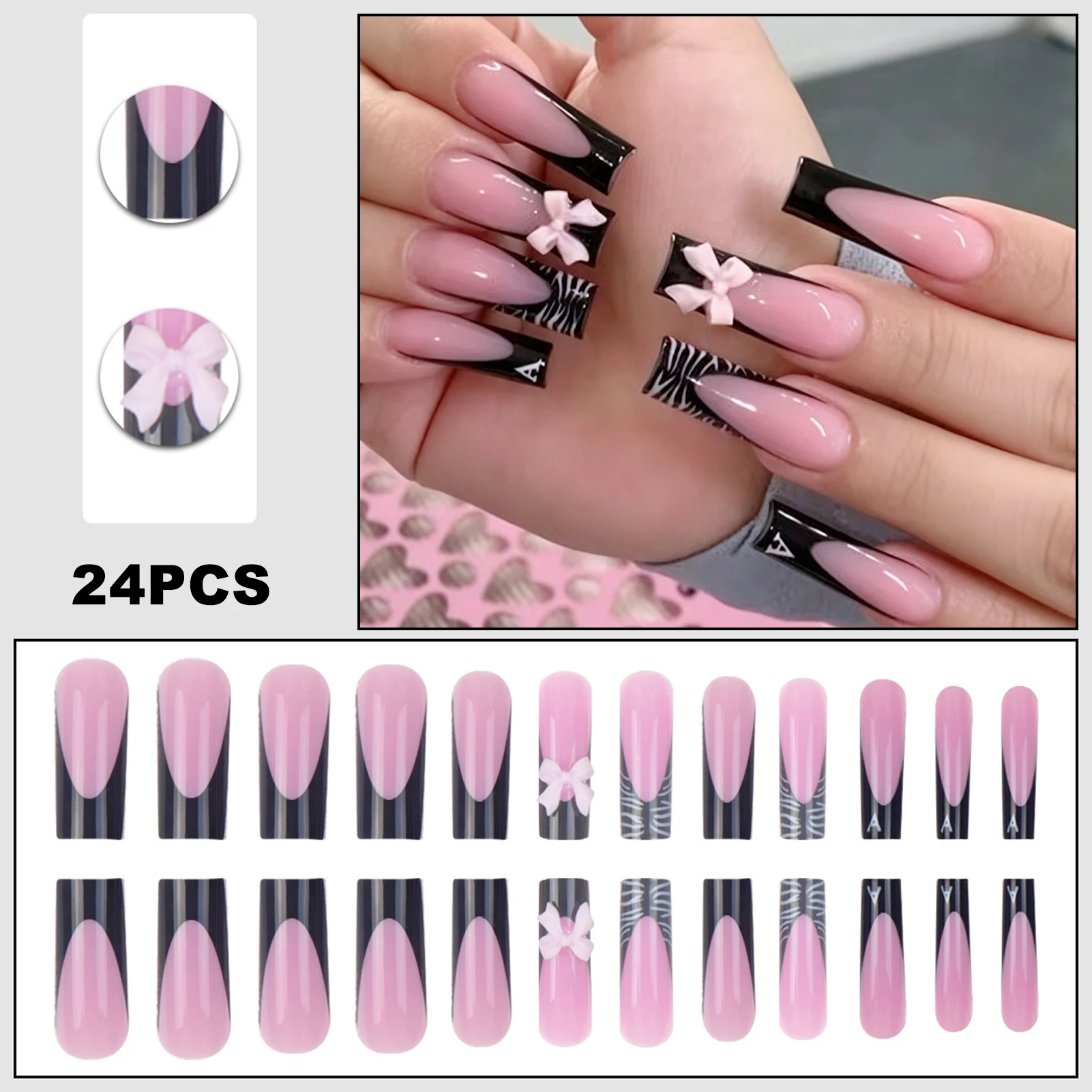 

French Black White Pattern Fake Nails with 3D Bowknot Rhinestone 24 Pieces