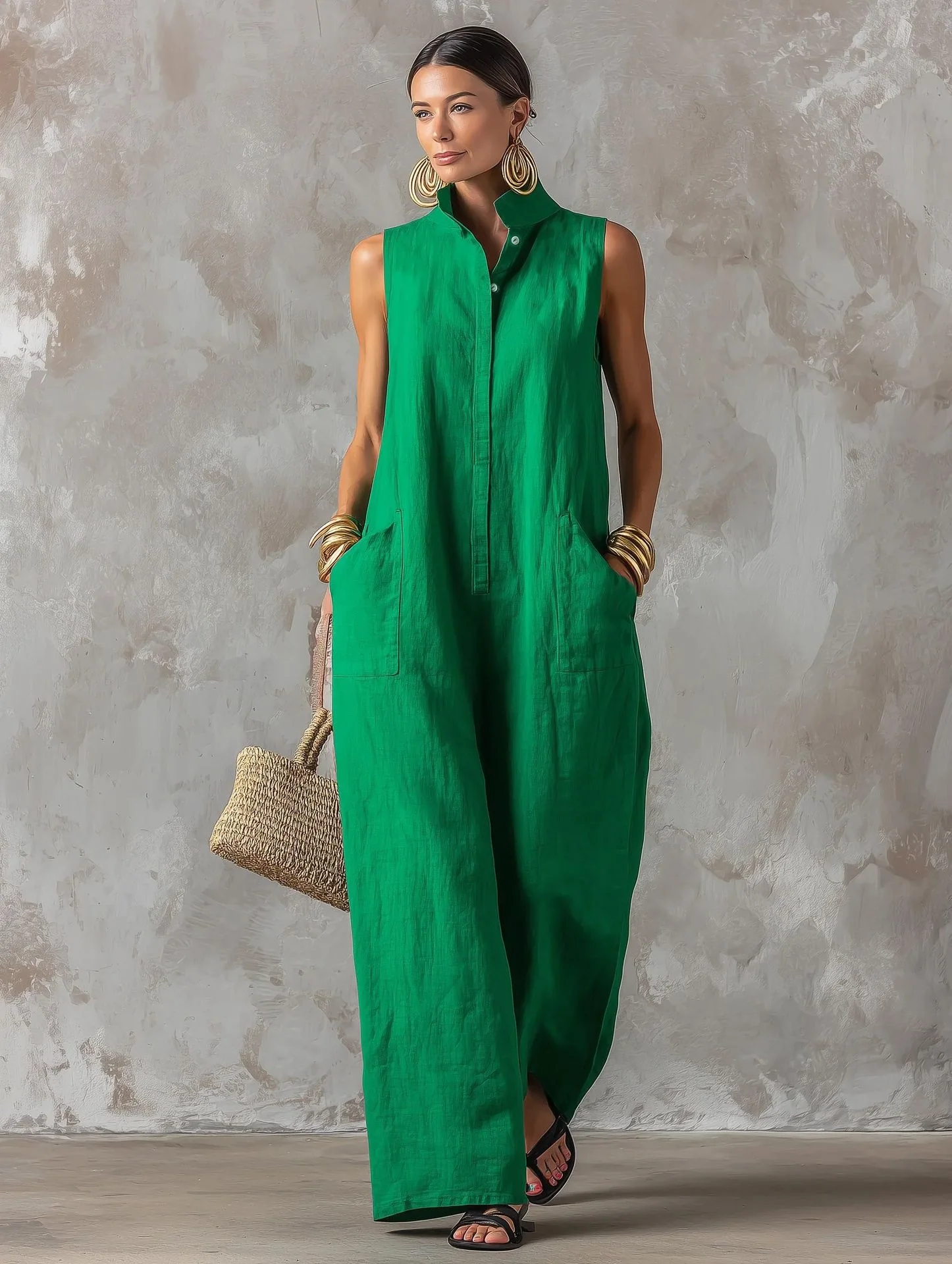 Urlaubs-Jumpsuit mit Stehkragen, ärmellos, aus Leinen, mit Knopfleiste, locker geschnittene, weitbeinige Hose, Damenbekleidung – Detail 5