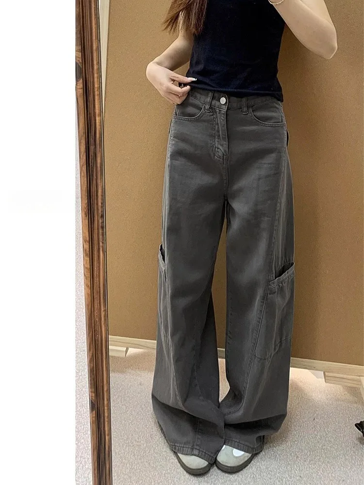 Ey perna larga denim calças de trabalho feminino solto drapeado cintura alta calças compridas para pêra aped plus size emagrecimento jeans retos