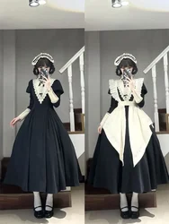 MAGOGO Autumn Gothic Lolita Maid Dress Women Japanese Vintage Short Puff Sleeve Detachable Hand Sleeves Black Long Dress Apron