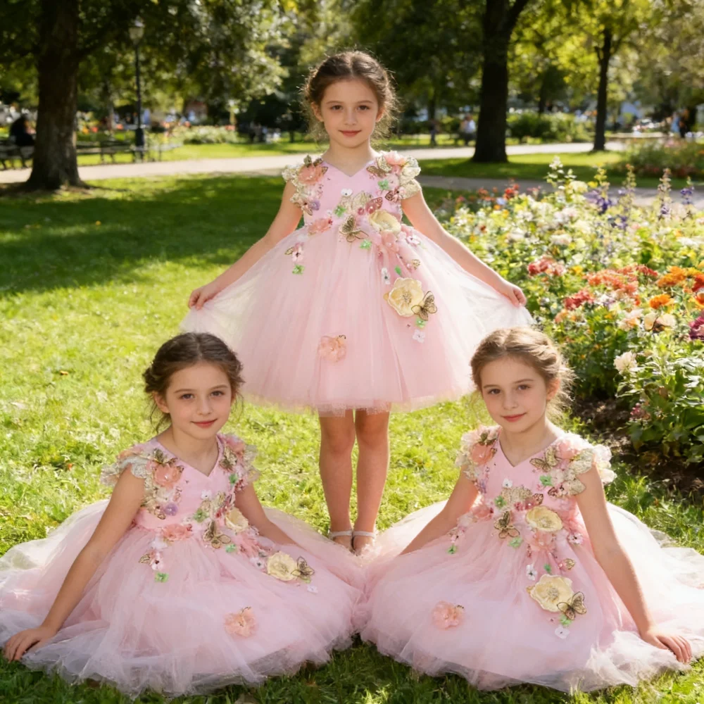 Eid Kids Clothing Gown FloralTulle Dress 3D Applique Lolita Girls Princess Costume First Birthday Flower Girl Wedding Puffy