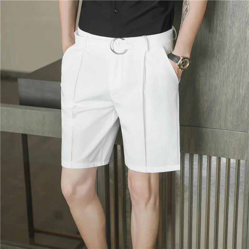 2024 Pleated Shorts Men Summer White Korean Fashion Casual Work Wear Clothes Breathable Comfort Slim Fit Bermudas