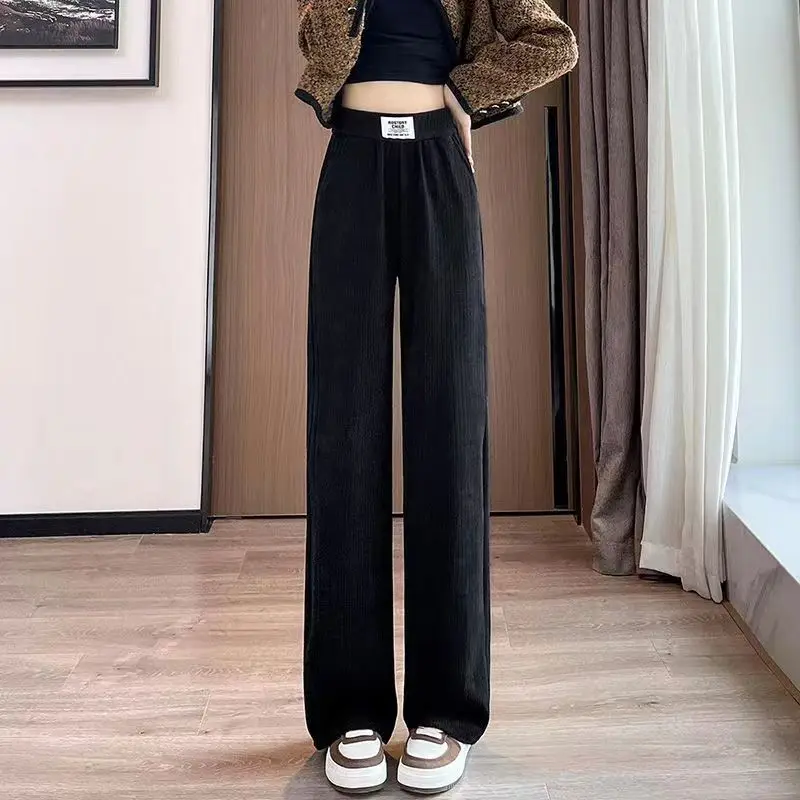 Women's Autumn Winter High Waisted Elastic Solid Drawstring Screw Thread Loose Wide Leg Casual Trousers Vintage Elegant Pants