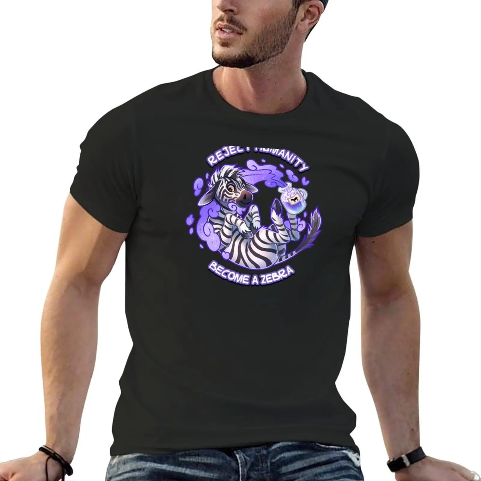 Reject humanity, Become a ZEBRA! -Fantasy Potion T-Shirt summer top vintage anime shirt mens graphic t-shirts anime