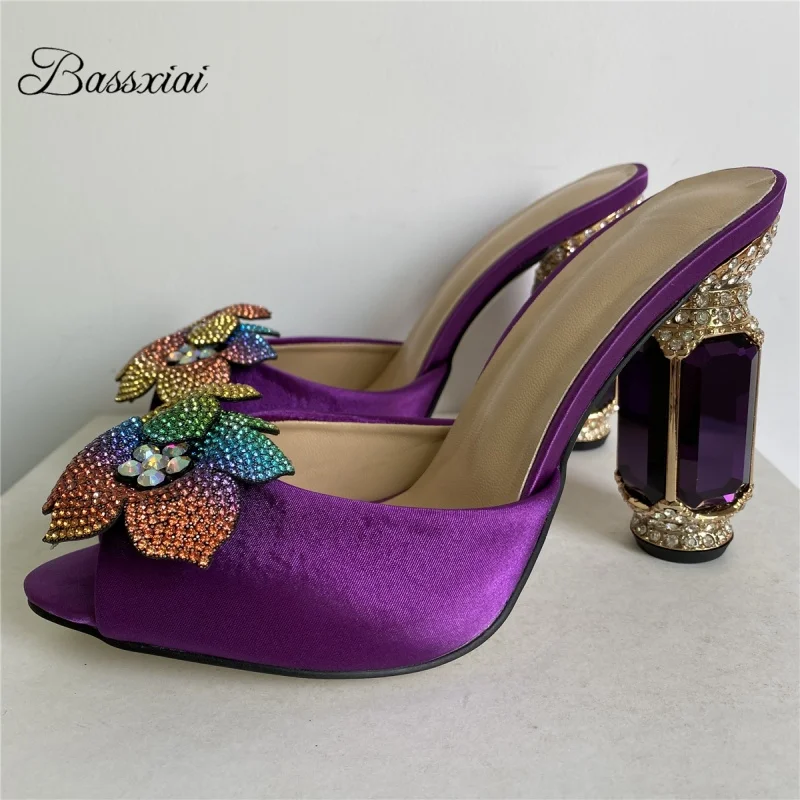 

Colorful Rhinestone Flower Decor Women Sandals Jeweled Crystal High Heel Luxury Satin Slingbacks Mules Summer