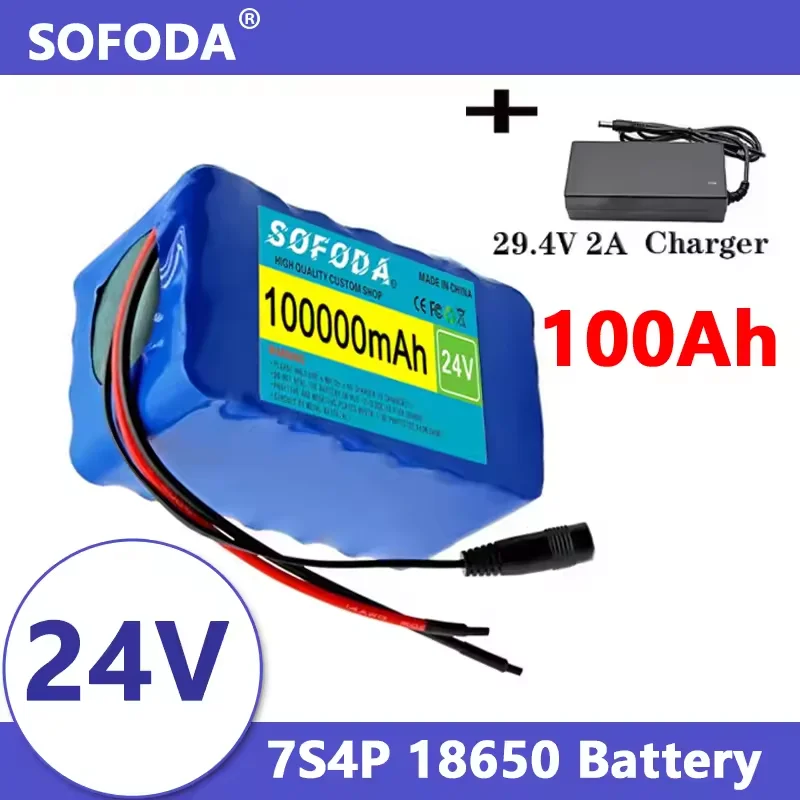 NEW 24V 7S4P 18650 Battery 100Ah 100000mAh for Electric Wheelchairs Rechargeable Lithium-ion Battery Pack + 29.4V Charger
