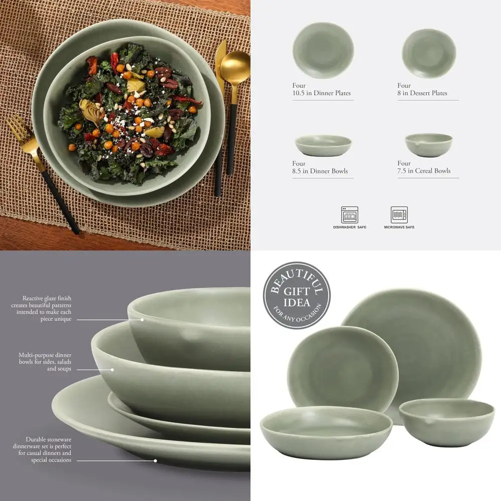 

Набор столовой посуды Stoneware Reactive Glaze на 4 человека с зеленым органическим дизайном