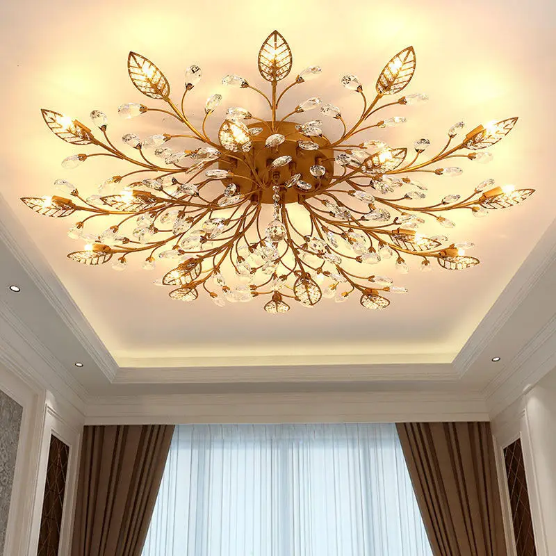 

Nordic Modern Crystal Ceiling for Living Room Bedroom Restaurant Black Gold Leaves Led Ceiling Lamp Home Decoration Luxury G9