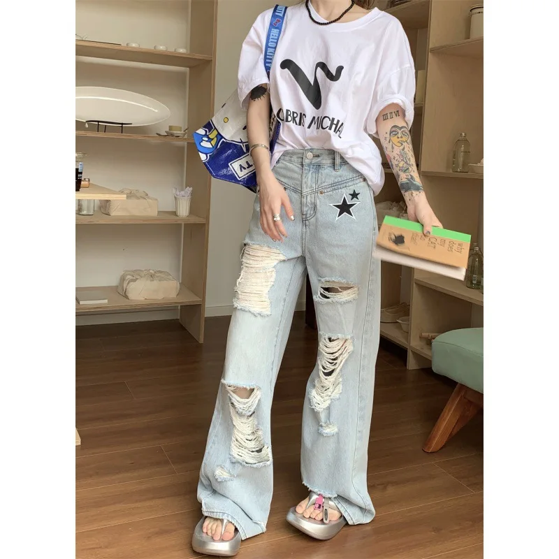 Summer new high street hottie five-pointed star embroidered high-waisted loose ripped straight wide-leg denim trousers for women