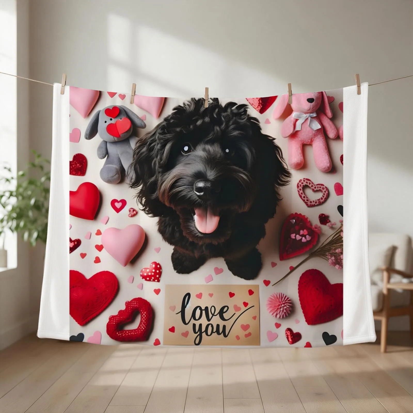 Black Cockapoo Valentine Love. Throw Blanket couch cozy soft plush fuzzy picnic outdoor blanket