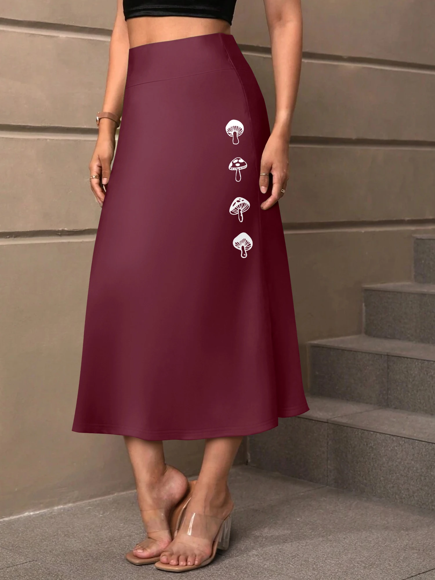 

Women High Waist A-line Midi Skirt, Vertical White Mushroom Print Flowy Mid-calf Skirt, Soft Elastic Casual Daily Swing Bottom