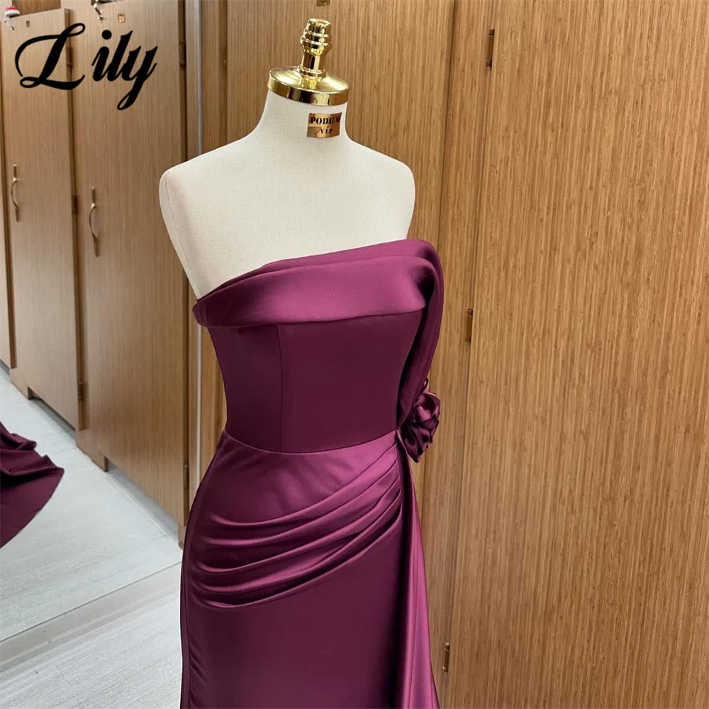 Lily Purple Trompete vestido formal, mangas pregas cetim vestidos de baile, sem alças, sem alças, ocasião especial