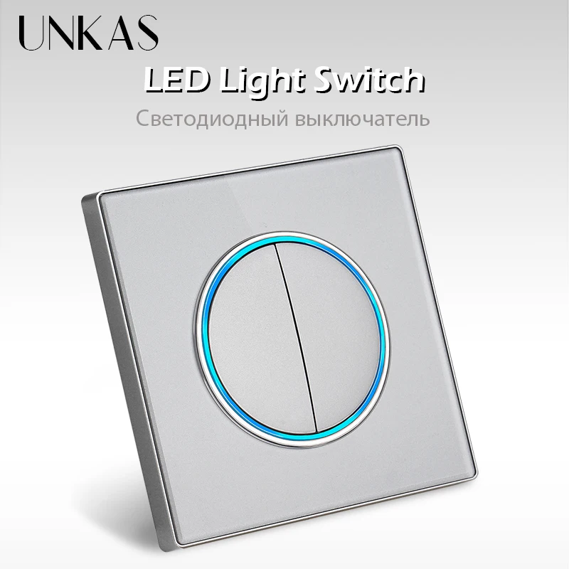 UNKAS 1/2/3/4 Gang 1/2 Way On / Off Light Switch Large Aperture LED Backlight EU French TV Computer Telephone Gray Glass Outlet