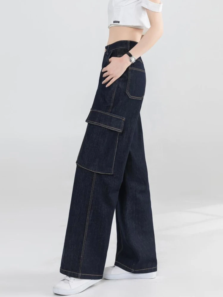 

Casual Fashionable Denim Blue Straight Leg Jeans Women's High Waisted Loose Multi Pocket Long Pants Dailywear Trousers Chic Lady