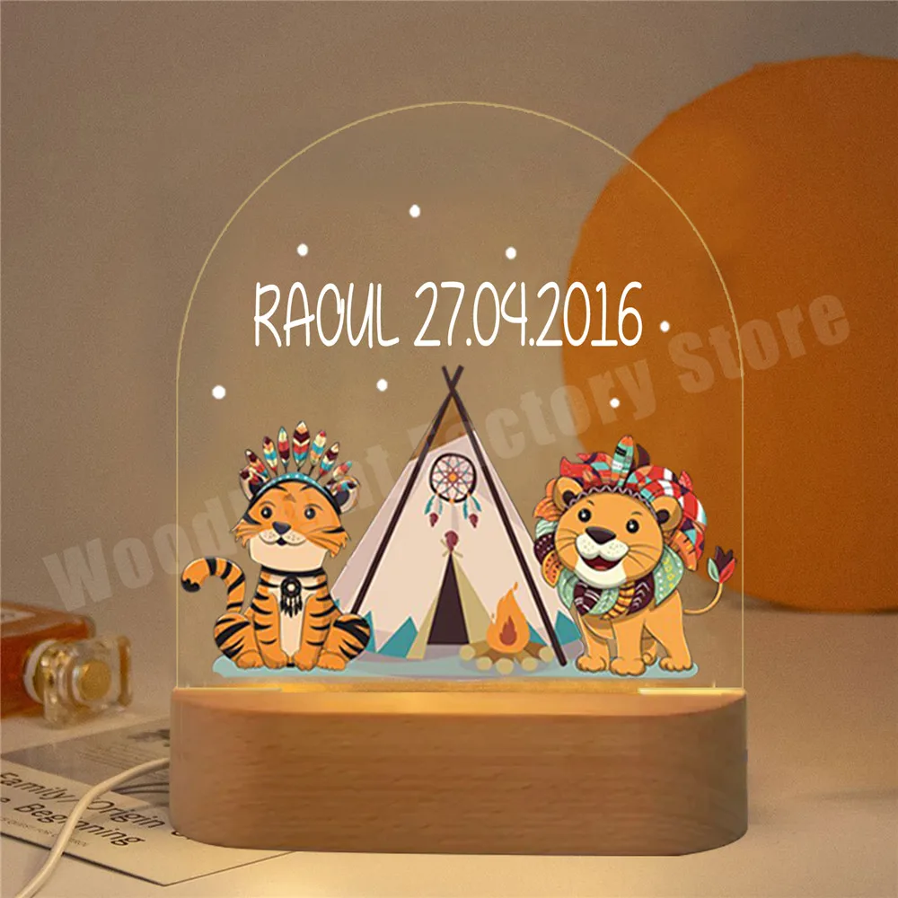 Custom Baby Name Birth LED Nightlight Indian Boho Style Lion Tiger Elephant Lamp for Kids Bedroom Table Decor with Warm/RGB Base