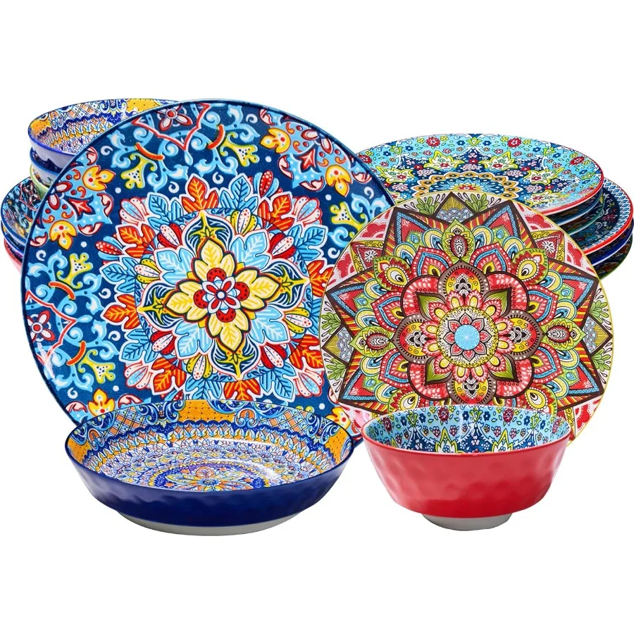 

Набор обеденных тарелок из 4 16-х предметов. Наборы столовой посуды. Можно мыть в микроволновой печи и в посудомоечной машине. Устойчивые к царапинам тарелки и миски в богемном стиле.