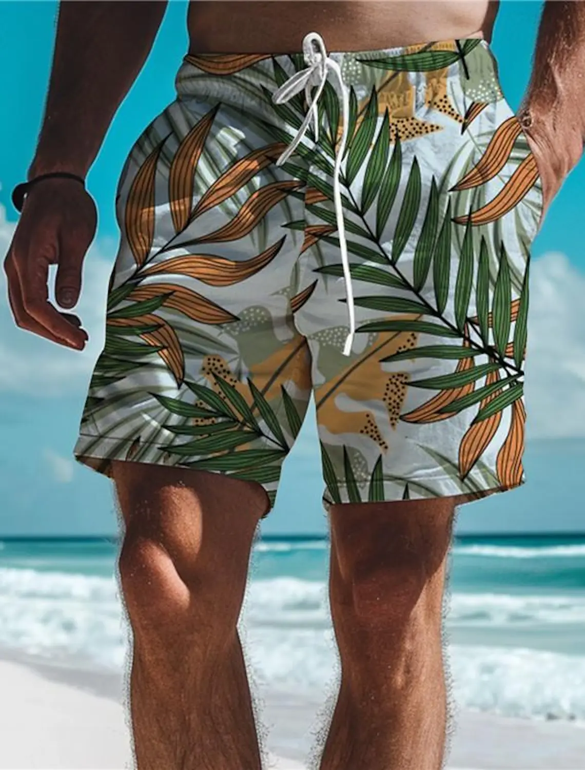 Leaf Tropical Men's Board Shorts Hawaiian Short 3D Printed Swim Trunks Elastic Drawstring Breathable Stretch Short Aloha Style