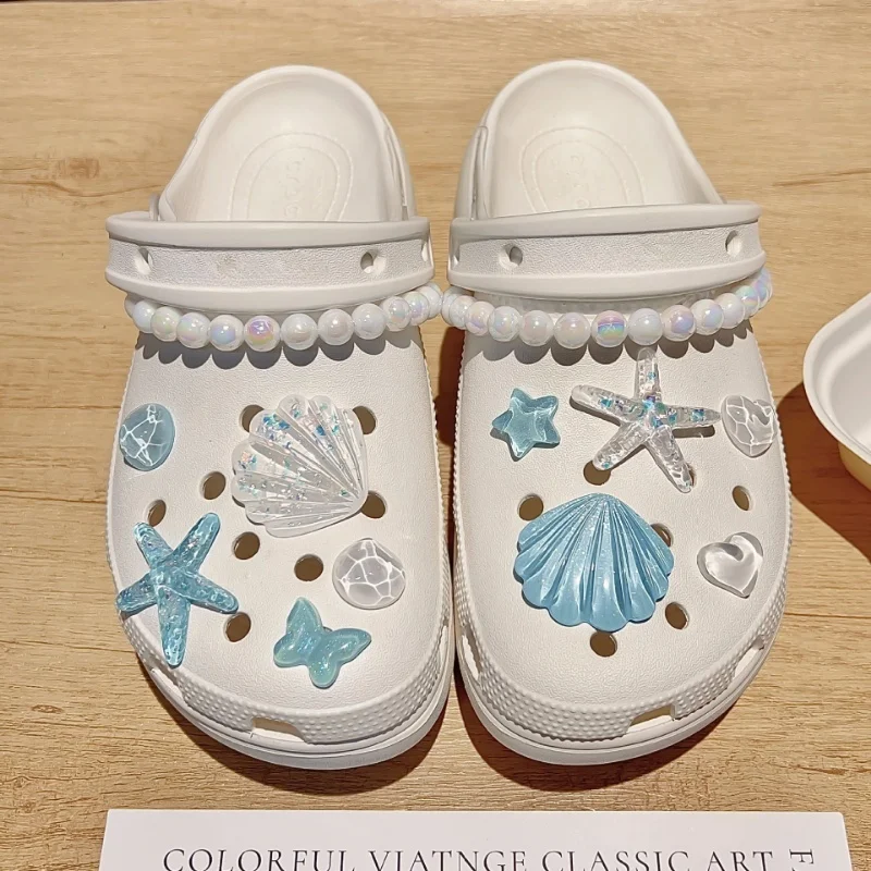 

New Summer Shoes Decoration DIY Removable Shoe Charms with Sequin Chain Starfish Shell Water Ripple Stars Seaside Accessories