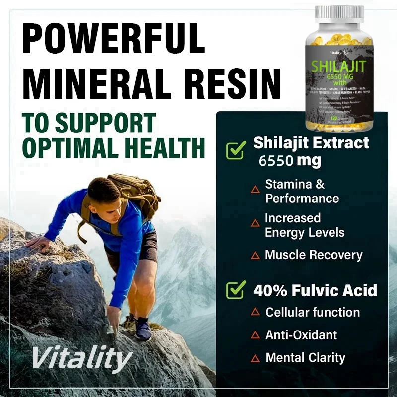 Vitality Shilajit Cápsulas 6550mg com 40% de Ácido Fúlvico, Autêntico Himalaia, 85 + Minerais Trace, Suplemento Natural Não-OGM