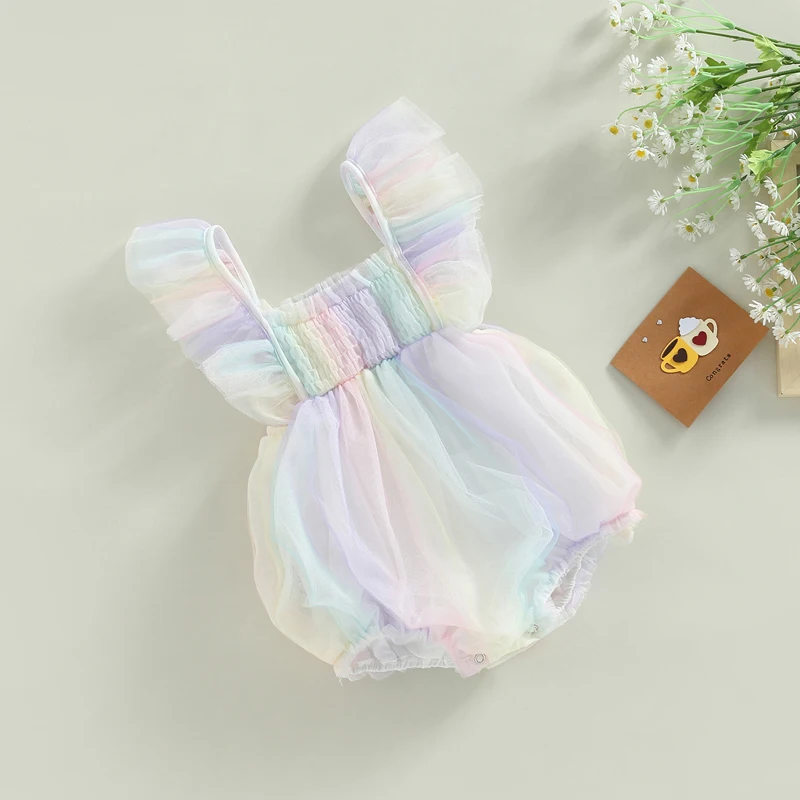 Newborn Baby Girls Mesh Romper Ruffle Square Collar Rainbow Colorful Mesh Bodysuit Princess Party Rompers Jumpsuits Outfit