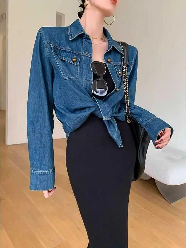 

Retro Hong Kong Sle Women's irt Soft Denim Layering Collar Loose Fit Autumn Winter Outerwear Versatile Thin Coat