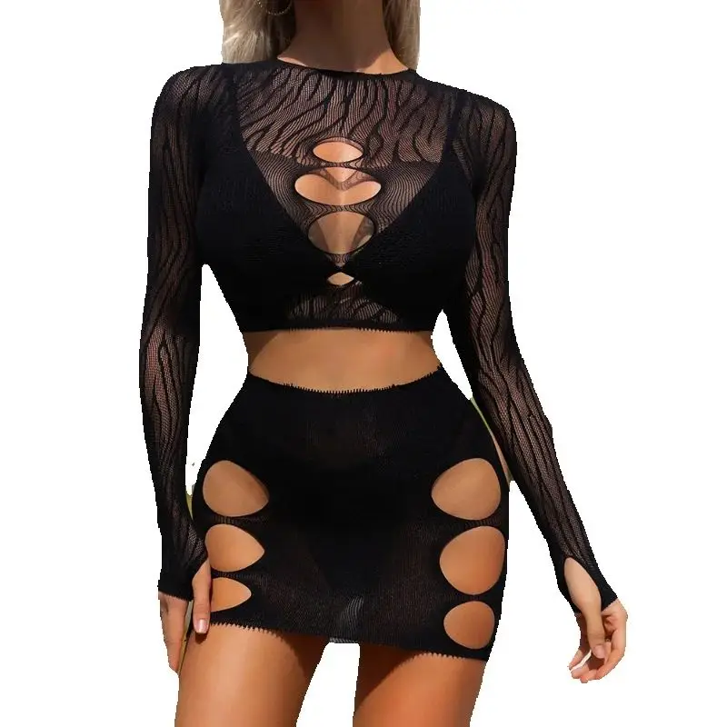 

Женский сексуальный топ, юбка, костюм, ажурная сетка, сетчатые прозрачные облегающие платья, одежда для ночного клуба, женские костюмы