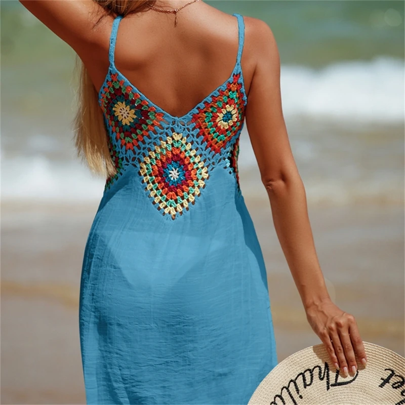 Oco para fora maiô cobrir retalhos feminino crochê vestido praia sem mangas vestido com decote v para roupa banho